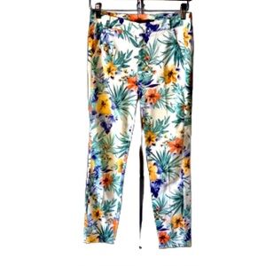 ZARA WHITE PANTS W TROPICAL HIBISCUS PRINT • STRAIGHT LEG • SIDE POCKETS • Sz 2